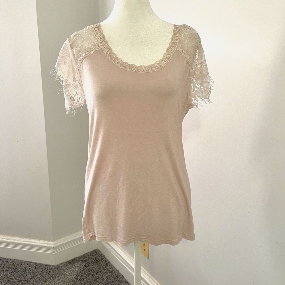 POL Top Womens Small Lace Sleeves Raw Hem Dusty Pink Stretch NEW W Tags